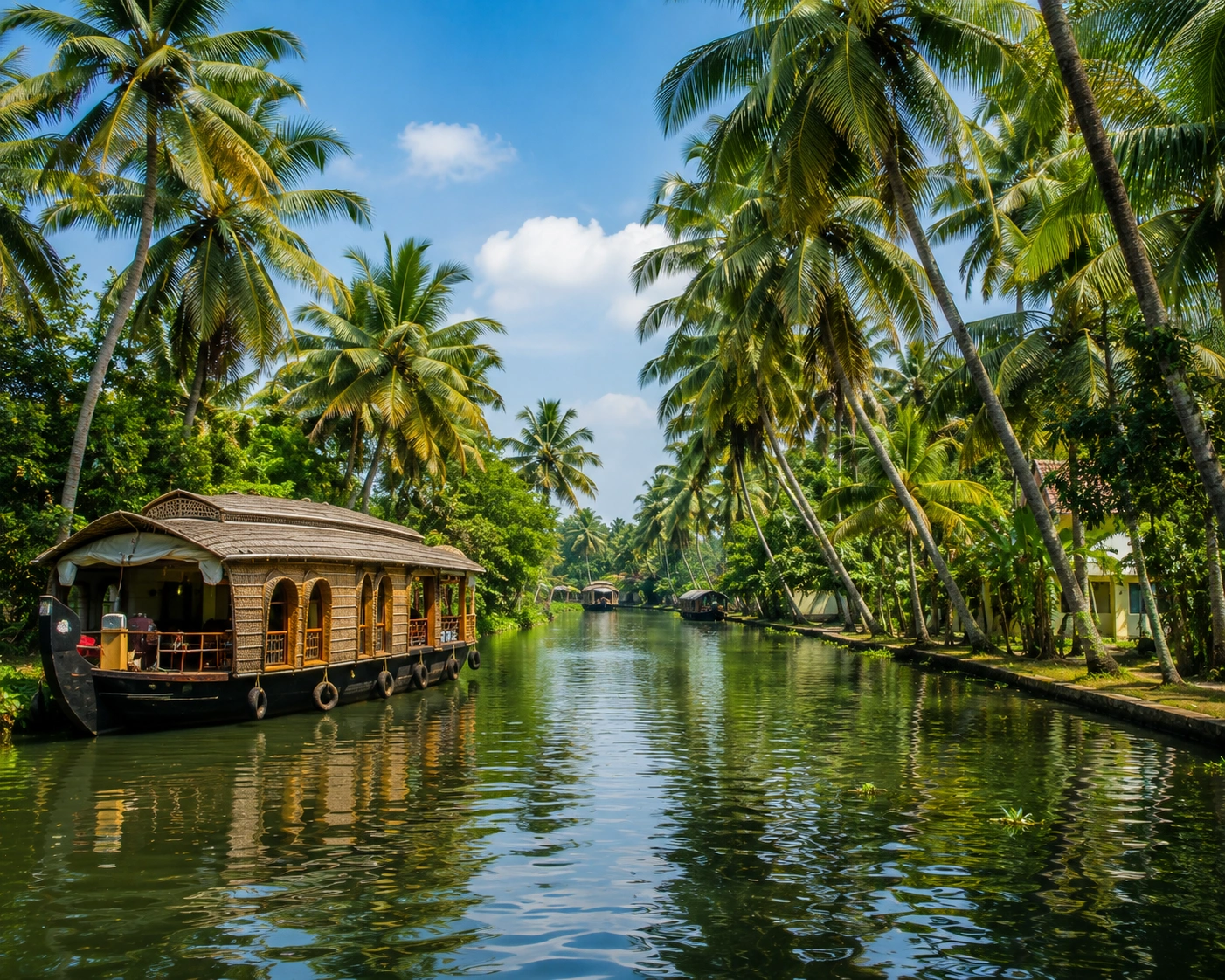 Backwater canal lined with palm trees in Kerala