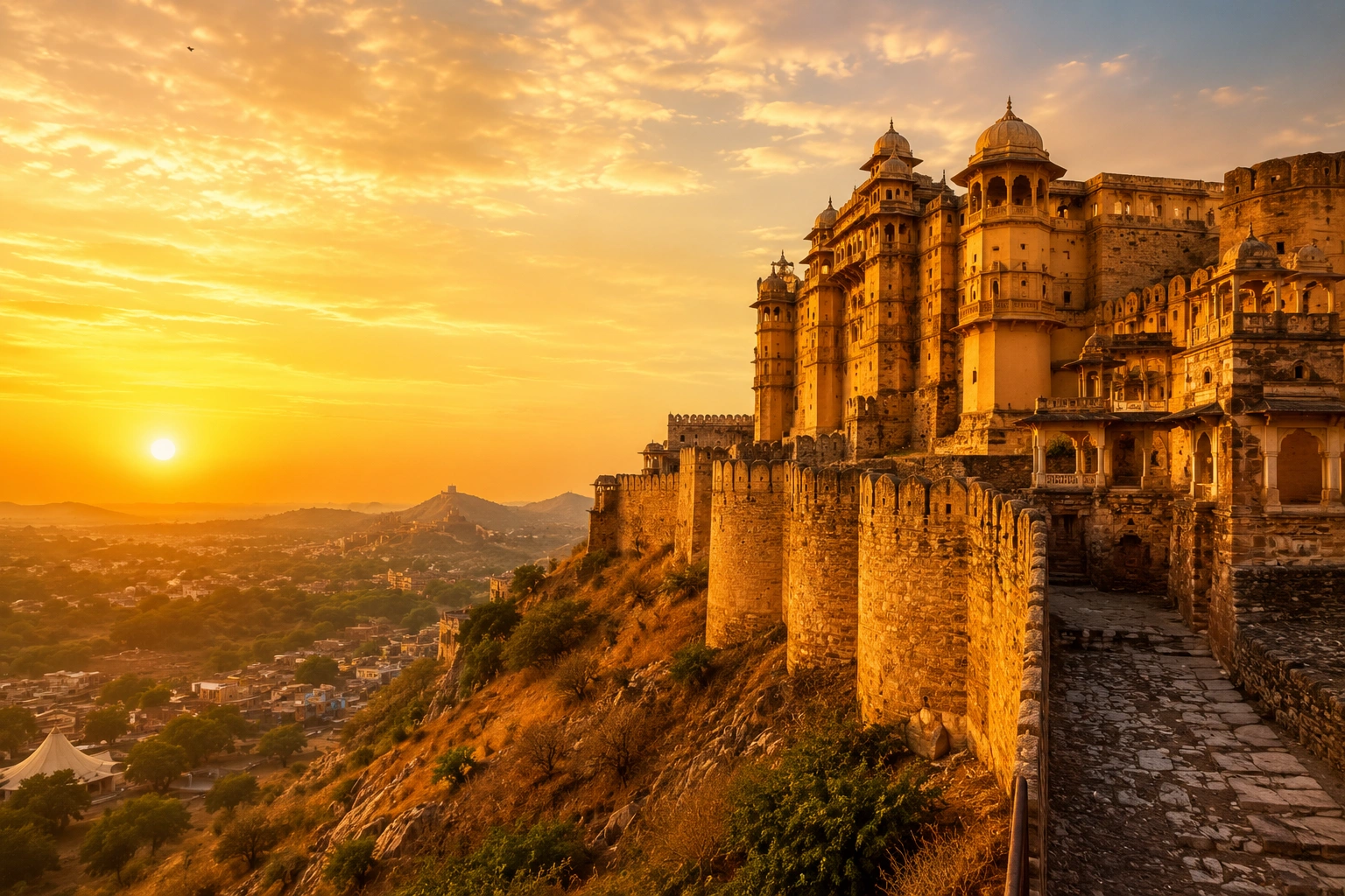 Sweeping view of a Rajasthan fort at golden hour
